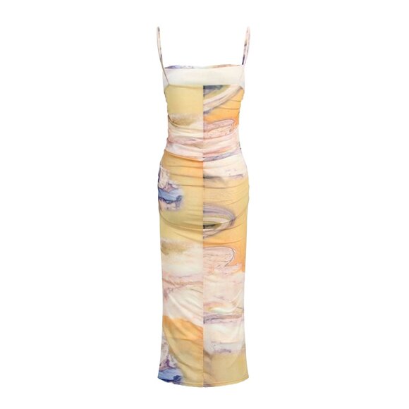 COMMENSE Granite Tie Dye Mesh Ruched Midi Dress Watercolor Abstract Pattern - Picture 2 of 14